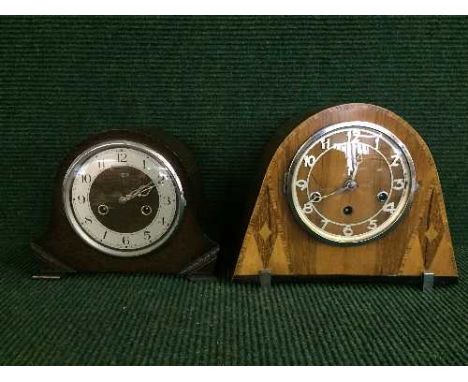 A inlaid walnut Art Deco style clock together with an oak mantle clock