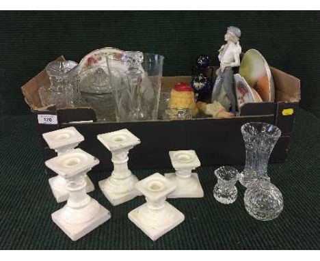 Box of assorted crystal and pressed glass, china candlestick holders etc