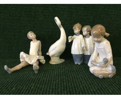 A Nao figure - Goose, together with Ballerina figure and two other children figures