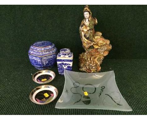 A tray of Royal Doulton old windmill pin dishes, oriental figurine, Ringtons caddy etc.