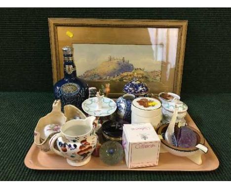 A tray of Spode China decanter, lustre jug, glass trinket set, Wedgwood jasper ware etc.