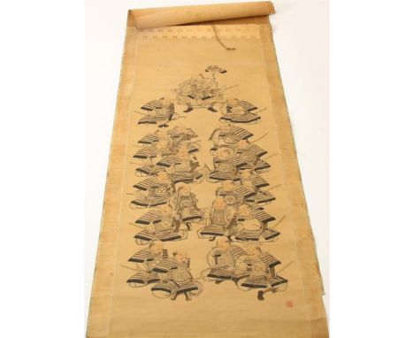 Scroll met afbeelding van Daimyo k-rijgsheren, gesigneerd rechts onder, Japan Meiji-periode (1868-1913), 118 x 15 cm.Conditie