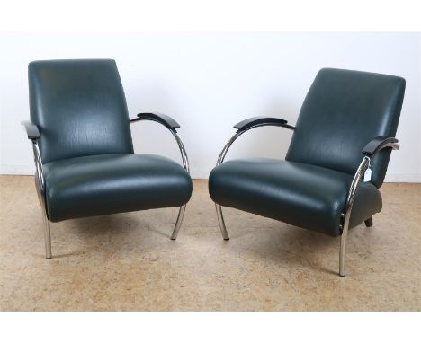 Stel zwartleren Gelderland fauteuils op chroombuis onderstel, ontwerper Jan de Bouvrie, model 5470, echtheiddscertificaat aan
