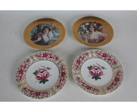 Royal Worcester plates, "Amongst the Roses", "Poppies and Daisies", pair of Ainsley "Rose Cluster" plates, all with adhesive 