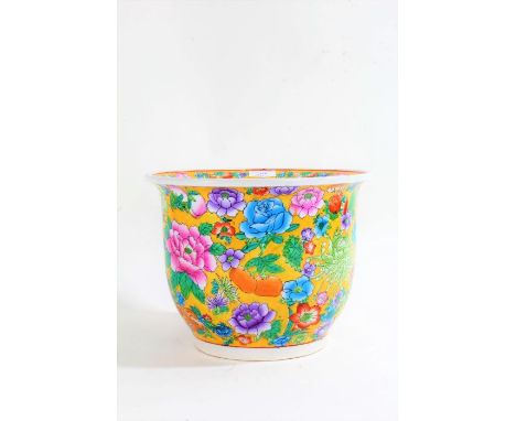 Chinese ceramic planter, decorated with colourful flowers on a yellow ground, 27cm diameter x 20.5cm tall