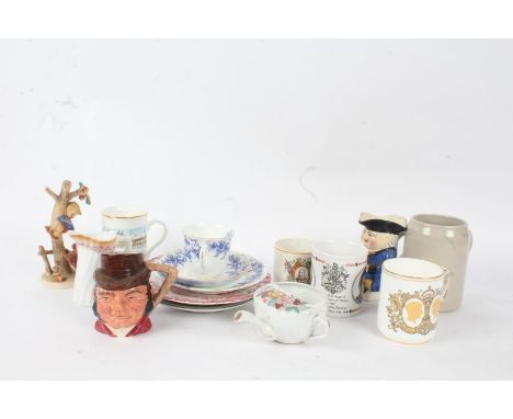 Mixed ceramics, to include a Goebel figure group, a porcelain vase overpainted with birds and flowers, various tea cups, sauc