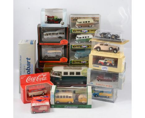 Modern die-cast models and vehicles, including 1:18 scale Road Signature 1962 Volkswagen Microbus; Corgi Classics 07001 Lufth