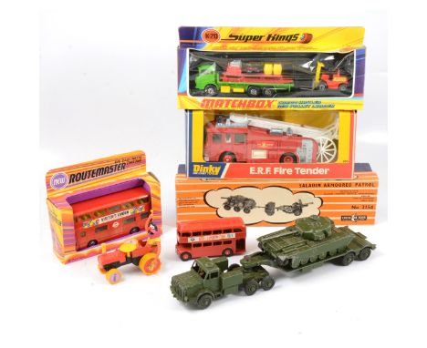 Seven diecast models and vehicles including Matchbox Super-Kings K-20 Cargo Hauler and Pallet Loader, boxed; Dinky Toys no.26