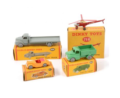 Four Dinky and Dublo Dinky models; 066 Bedford Flat truck; 064 Austin Lorry; 062 Singer Roadster; 716 Westland-Sikorsky S.51 