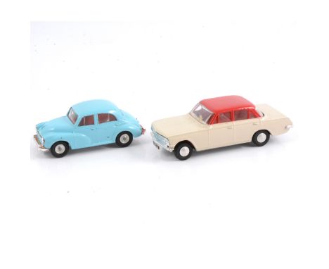 Tri-ang Spot-On models, no.280 Vauxhall Cresta, cream body, red roof and interior; no.289 Morris Minor 1000, light blue body,