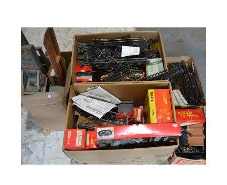 A large quantity of OO gauge model railway buildings, track, bridges, controllers, accessories etc; Hornby electric operated 