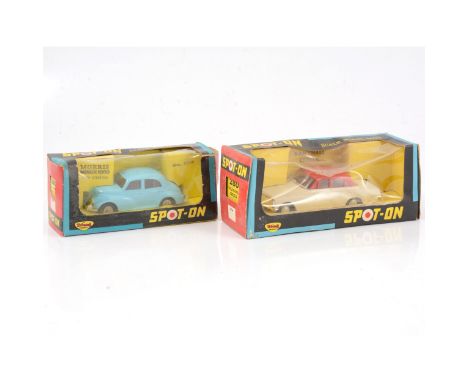 Tri-ang Spot-on die-cast models, including 289 Morris Minor 1000, light blue body; and 280 Vauxhall Cresta, red and cream bod