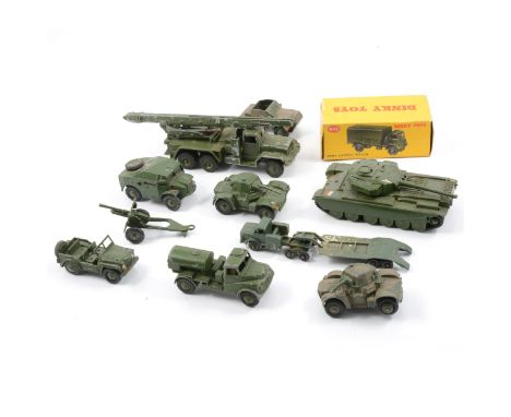 Dinky Toys military die-cast models, including no.623 Army Covered Wagon, boxed, Centurion tank; Field Artillery Tractor and 
