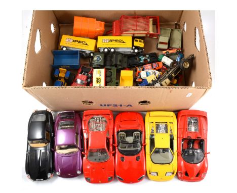 Die-cast models and vehicles, including Corgi Batmobile; Burago models; Britains; Matchbox; Tonka fire engine, and others (on