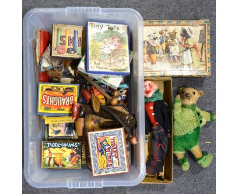 Juvenalia and toys; a quantity of early 20th century puzzles; clown puppet; straw-filled teddy bear, 30cm; skittles; building