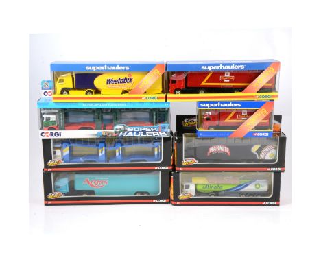 Corgi Super Haulers and Corgi Wheelz series lorries; eight including TY86652 Eddie Stobart car transporter; TY86718 Volvo Cur
