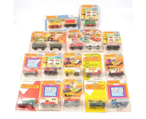 Fifteen Matchbox Toys Superfast and 75 series blister-pack models, including TP-15 Military Truck and Trailer; TP-2 Police Ca
