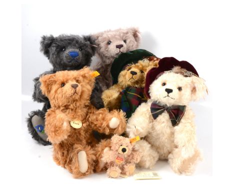 Steiff teddy bears, six including British Collector's 1999, 34cm, with tag; Classic Teddbar 28, 29cc, with tags; two Scottish