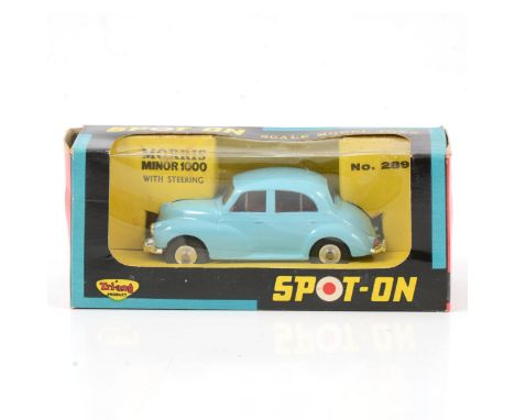 Tri-ang Spot-on die-cast model 289 Morris Minor 1000, light blue body, red seat, with original window box.