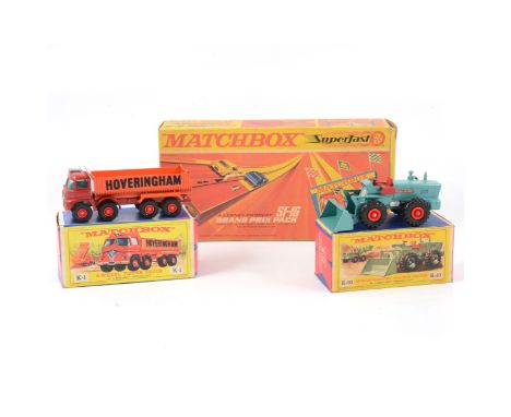 Matchbox Lesney die-cast models; K-10 Aveling-Barford tractor shovel, red hubs; K-1 8-wheel tipper truck 'Hoveringham', both 