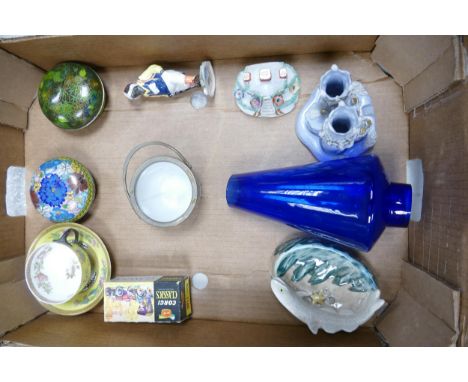 A mixed collection of items to include 19th Century Bristol Blue Glass oil lamp shade, cloisonné enameled circular boxes, Sta