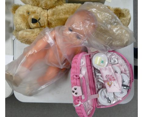 A mixed collection of items to include Traditional Type Growling Bear, Vintage Plastic Doll, Fairy Theme child picnic hamper 