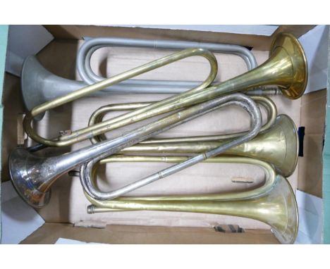 Five Vintage Copper Bugles including Henry Potter &amp; Co, Nadir Ali &amp; Co 1943, Boosey &amp; Hawks ltd, length of larges