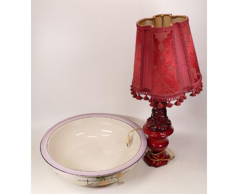Red Glazed Ceramic Lamp base together with Art Deco Chelsea Works wash basin(2) 
