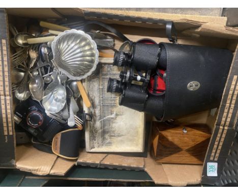 A mixed collection of items to include GreenKat binocluars, Canon Sure Shot Camera, Loose Cutlery, Vintage Horse Brasses, Ivo