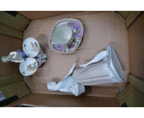 Three porcelain items to include Nao girl with goose, Crossed swords mark sweetmeat dish, Meissen teacup a/f (3) 