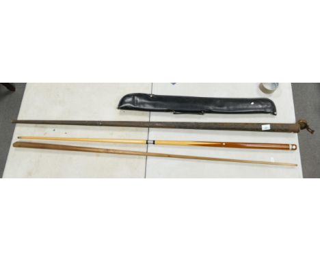 Vintage Hullins Hanley One Piece Snooker Cue with original tin tube &amp; later 2 piece item(2) 