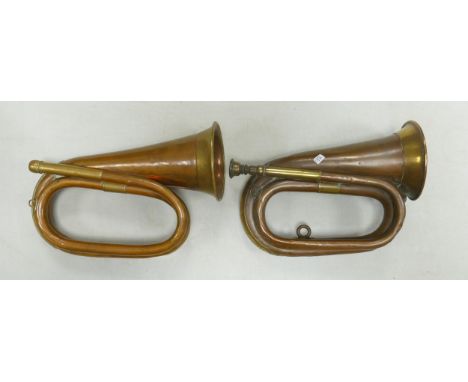 Two Vintage Copper Bugle including John Grey &amp; Sons &amp; Boosey &amp; co , length 28cm(2) 
