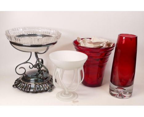 A Collection of glass items to Ruby Glass Vases, Free From Glass Bon Bon dish &amp; raised fruit bow with silver fittings (4)