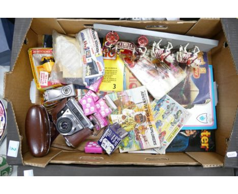 A mixed collection of items to  include Kodak Film Camera, Corgi &amp; Tri Ang Catalogues, Brooke Bond tea cards, Meccano ite