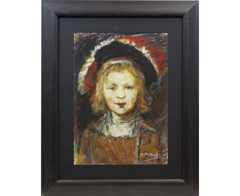 * SHAHIN MEMISHI,PORTRAIT OF A YOUNG GIRL,pastel on paper, signed 55.5cm x 39.5cm Mounted, framed and under glass 