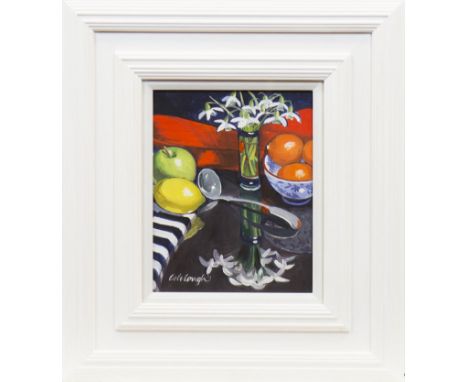 FRANK COLCLOUGH, FRUIT, SNOWDROPS & LADLE oil on board, signed, further signed and titled verso 25cm x 20cm Framed and under 