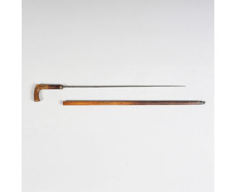 19TH CENTURY SWORDSTICK. 19th Century swordstick, concealed single edged, steel fullered blade, gilt metal collar with releas