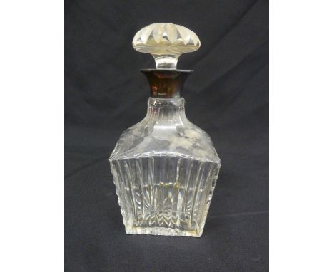 A cut glass decanter of tapering rectangular form with silver collar and drop stopper, Birmingham 1954