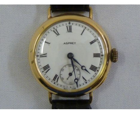 Aspreys 18ct yellow gold WWI officers wristwatch with Swiss lever movement, white enamel dial and subsidiary seconds dial