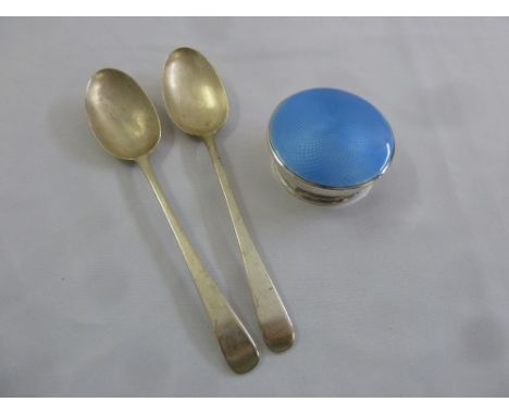 A pair of silver table spoons and a silver and enamel dressing table jar cover