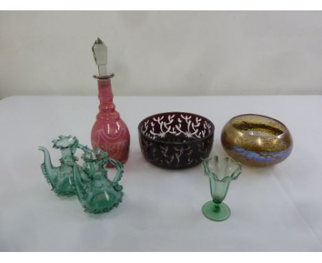 A quantity of antique glassware to include a cranberry decanter and a Bohemian red overlaid bowl (6)