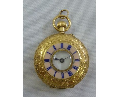 18ct yellow gold half hunter pocket watch with pink enamel chapter ring, approx total weight 27.9g