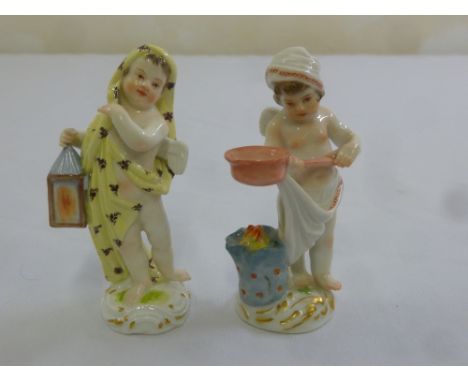 Meissen two figurines of putti, one holding a lantern, the other cooking food