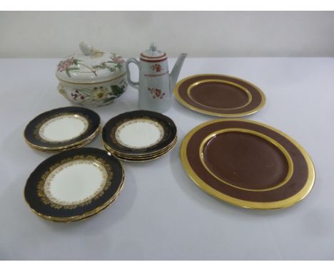 A Spode tureen and cover, a Spode coffee pot, a set of twelve Crown Staffordshire plates and other decorative plates with gil