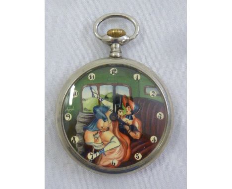 A silver plated open face pocket watch circa 1900 with erotic enamel dial