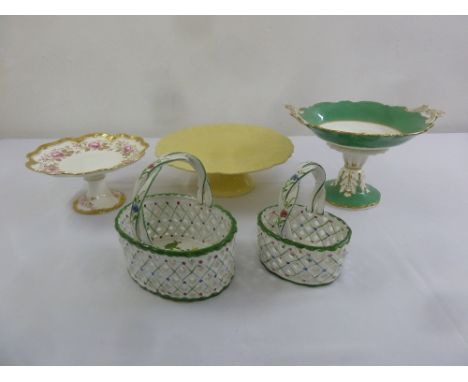 A Coalport tazza, a Victorian tazza, two Portuguese ceramic baskets and a Portuguese tazza