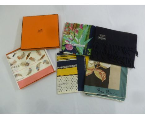 Hermes fashion scarf in original packaging and four others to include Christian Dior, Balmain, Nina Ricci and Givenchy