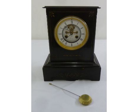 Arnaud Marseille rectangular black slate mantle clock, two train movement, white enamel chapter ring with Roman numerals with