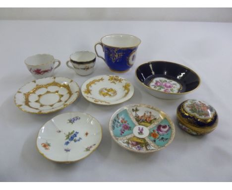 A quantity of Meissen porcelain to include a circular covered dish, cups and saucers  (9)