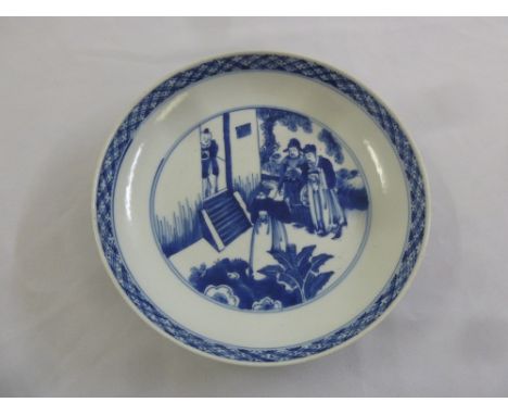 Chinese Kangxi blue and white bowl decorated with images of elders in a garden, marks to the base